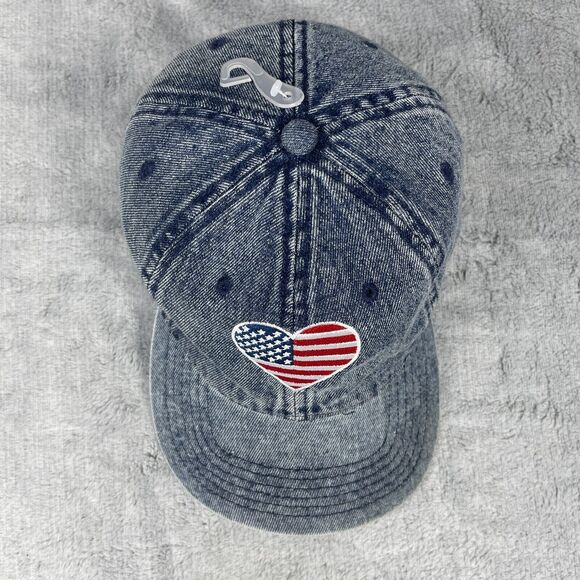 Denim Hat American Flag Heart Patch Cap Trucker Adjustable Strap Mighty Fine - Picture 3 of 8